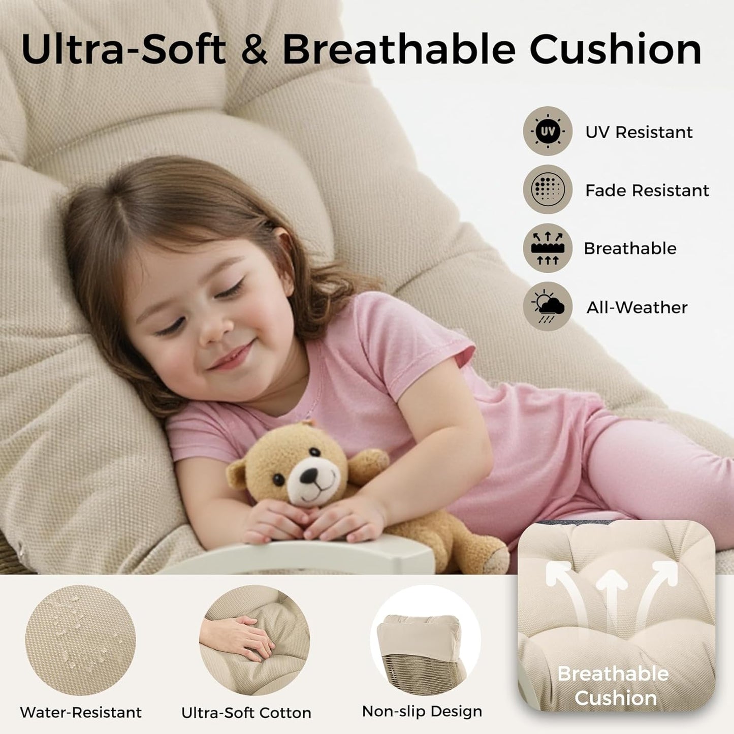 IRONCK Patio Rocking Chair, Outdoor Rocking Chair with Armrest and Cushion, Beige