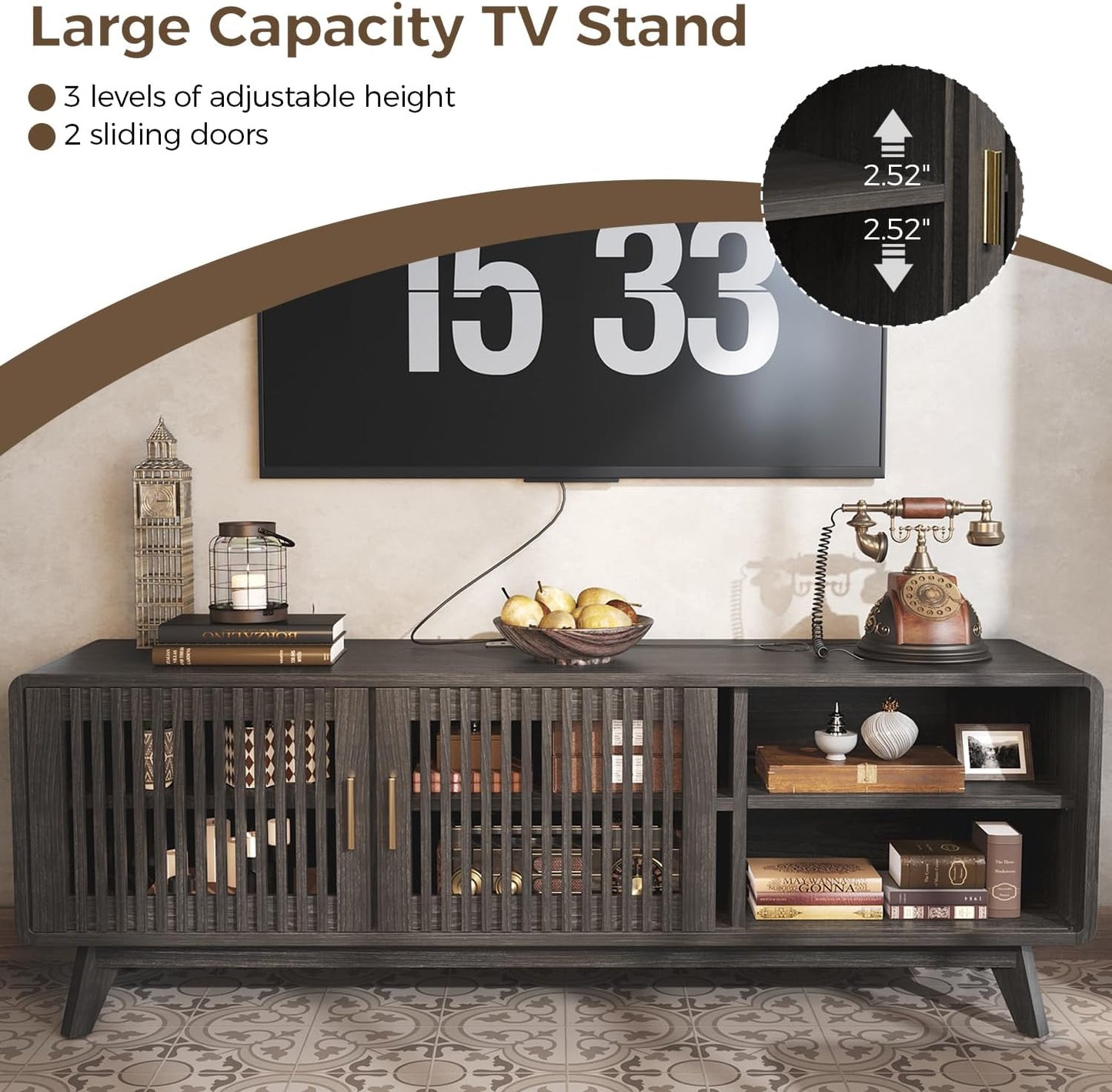 IRONCK Modern TV Stand for 70 inch TV, Entertainment Center with Storage and 2 Sliding Doors, Adjustable Shelves, TV Console with Charging Station for Bedroom, Living Room (Grey Walnut)