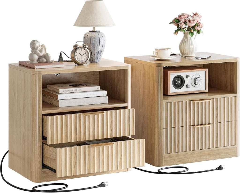 IRONCK Fluted Night Stand Set of 2, with Charging Station, Drawers and Open Shelves, Oak