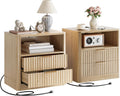 IRONCK Fluted Night Stand Set of 2, with Charging Station, Drawers and Open Shelves, Oak