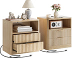 IRONCK Fluted Night Stand Set of 2, with Charging Station, Drawers and Open Shelves, Oak