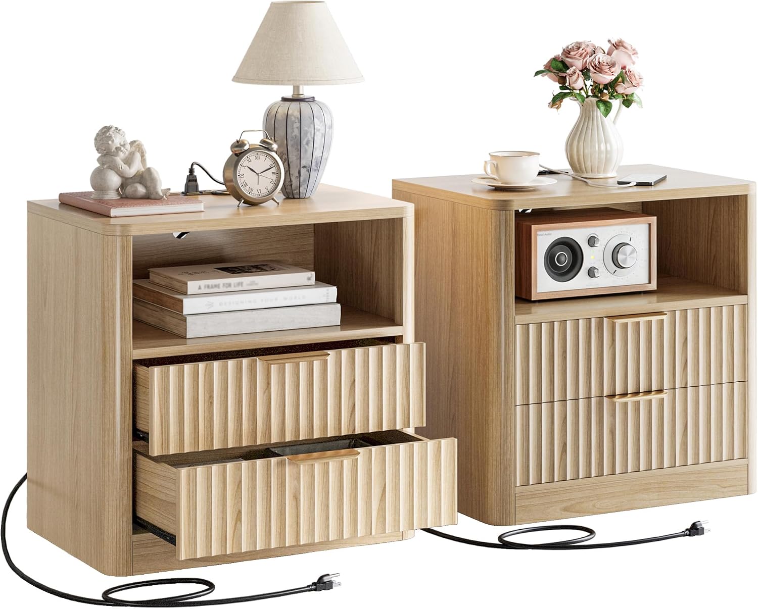 IRONCK Fluted Night Stand Set of 2, with Charging Station, Drawers and Open Shelves, Oak