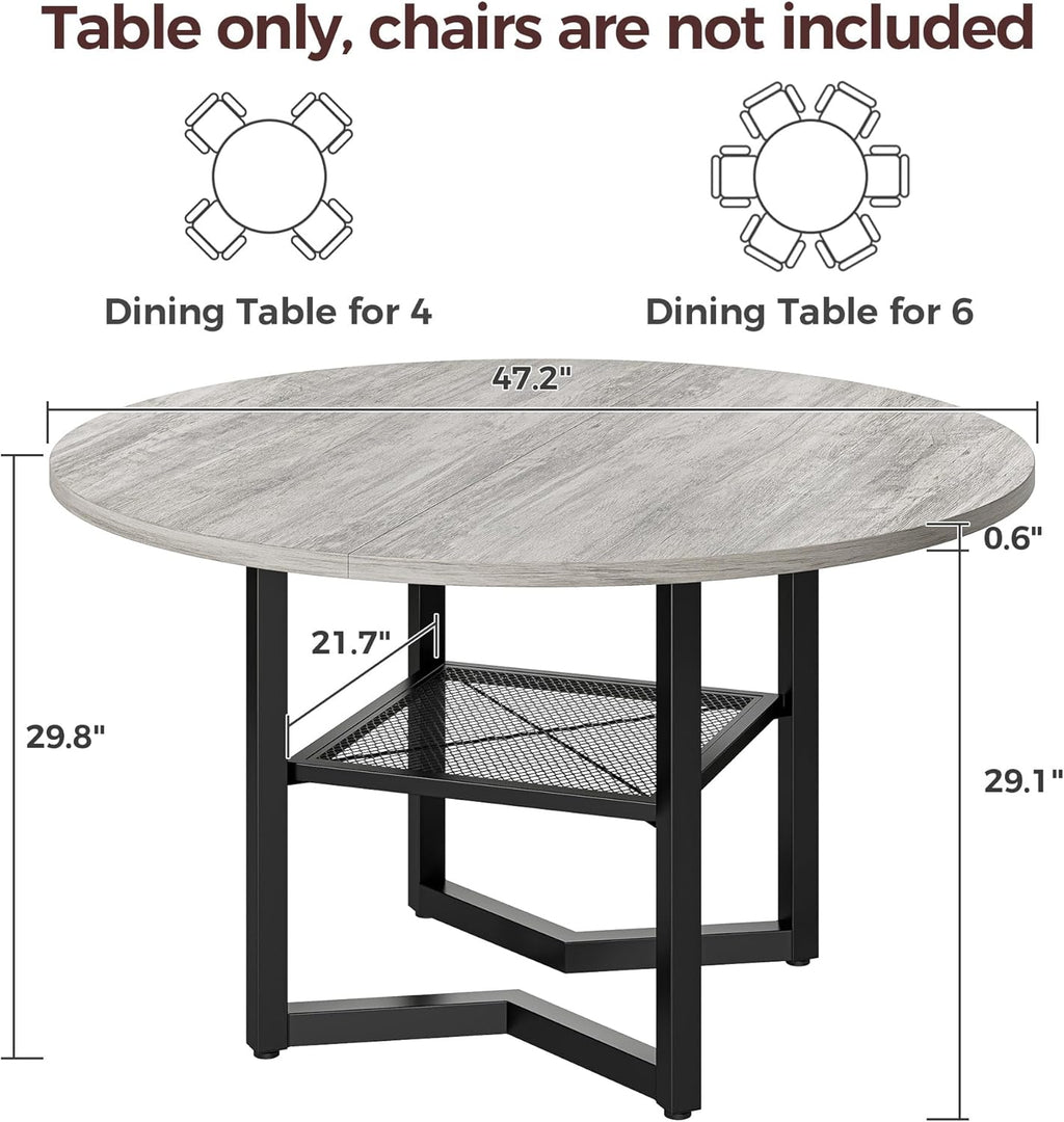 IRONCK 47.2" Round Dining Table with Wooden Tabletop and Metal Base, Gray