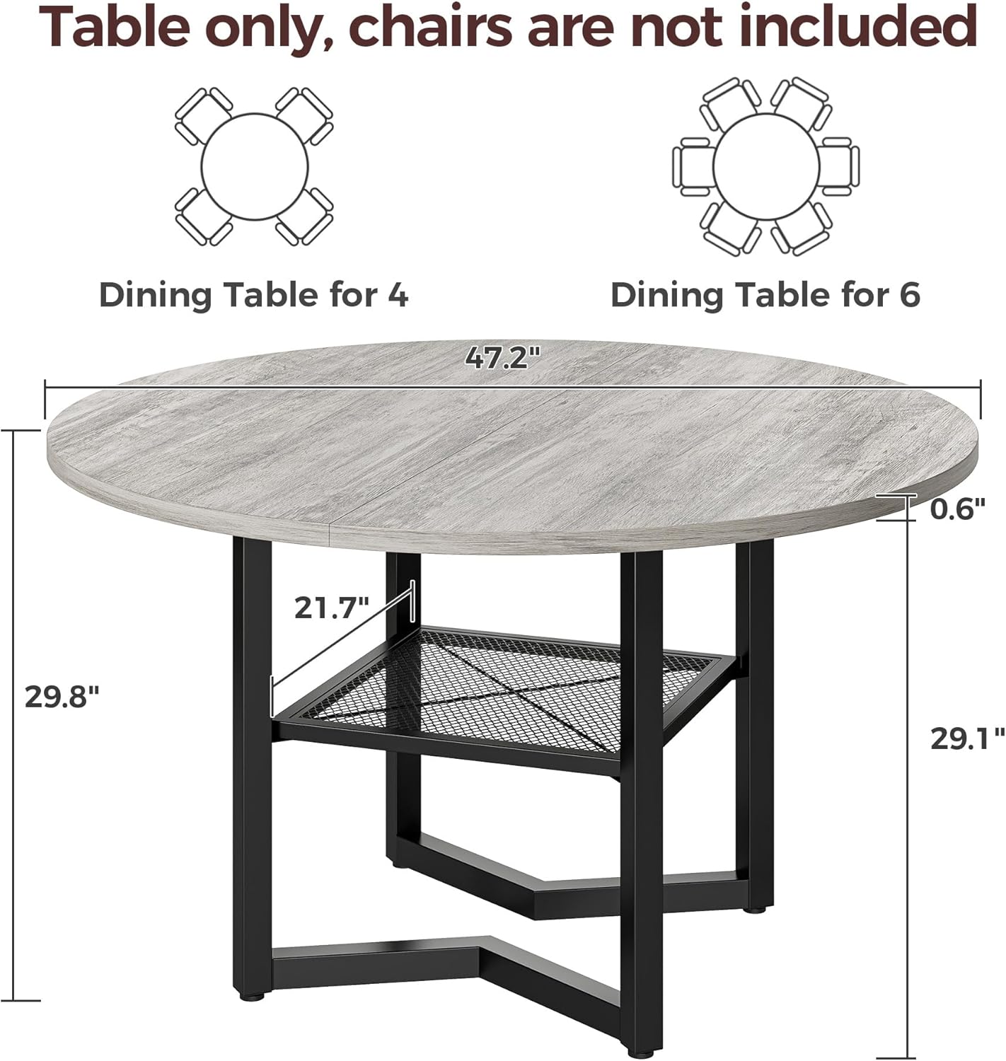 IRONCK 47.2" Round Dining Table with Wooden Tabletop and Metal Base, Gray