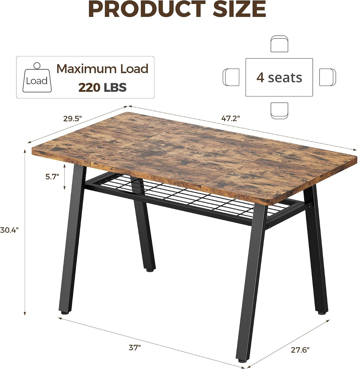 IRONCK 47.2 Inch Dining Table for 4-6, Kitchen Table with Storage Rack