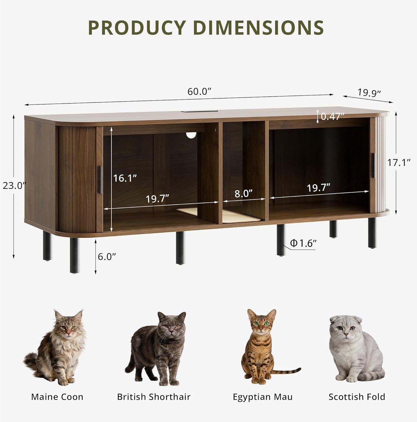7 Furniture 60 Inch Double Cat Litter Box Enclosure Furniture with Built-in Power Outlet & Sliding Door, Walnut