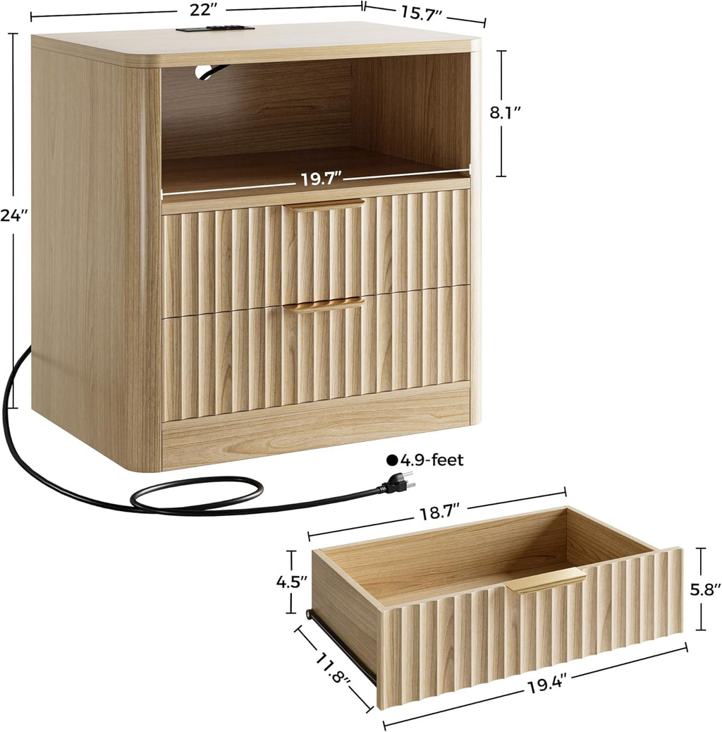 IRONCK Fluted Night Stand Set of 2, with Charging Station, Drawers and Open Shelves, Oak
