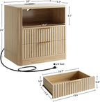 IRONCK Fluted Night Stand Set of 2, with Charging Station, Drawers and Open Shelves, Oak