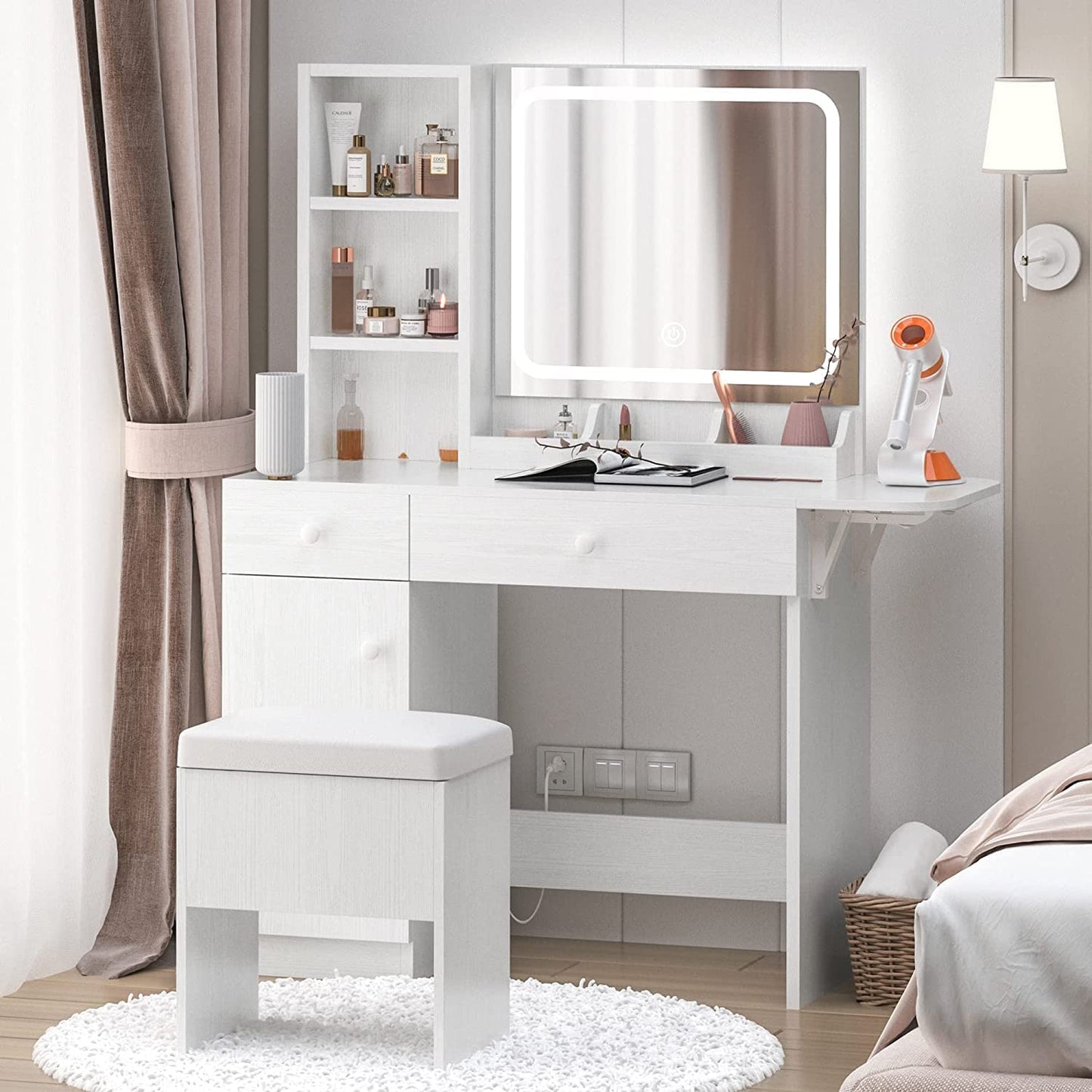 LED Makeup Table with Drawers- White