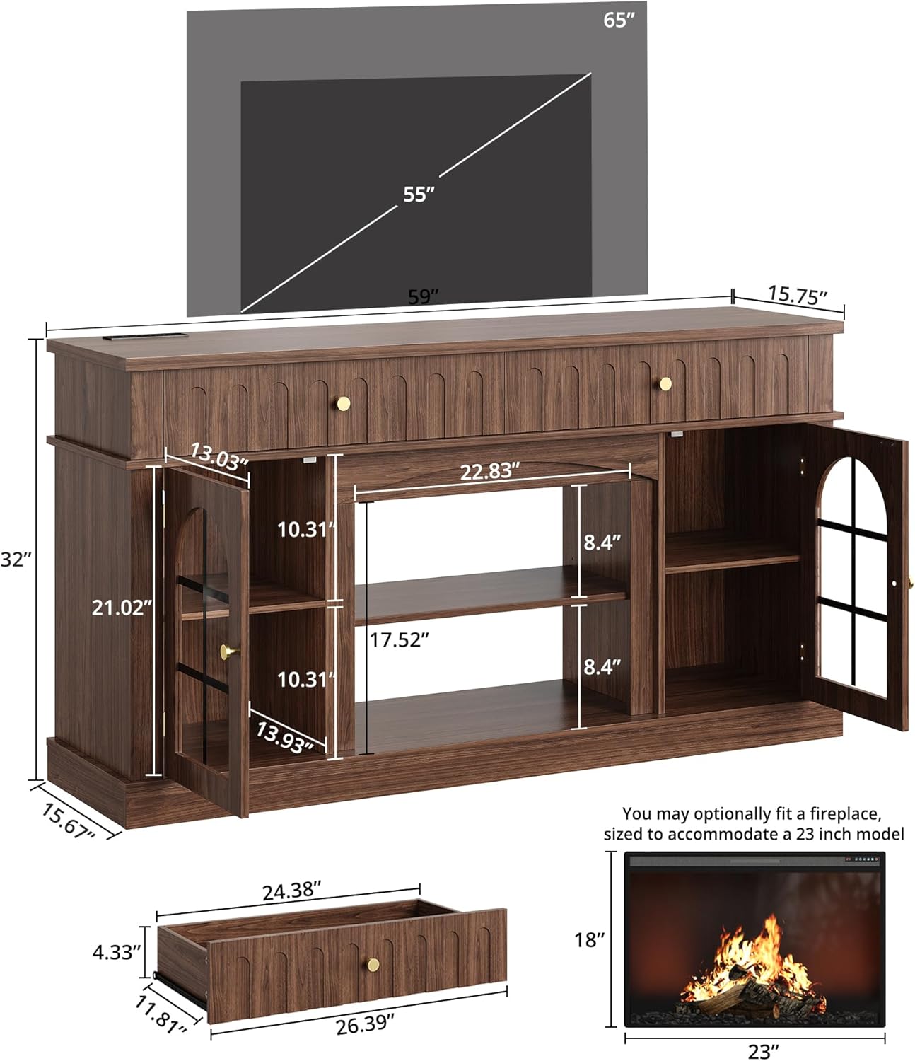 IRONCK TV Stand for 65 Inch TV, Entertainment Center with Charging Station, Brown