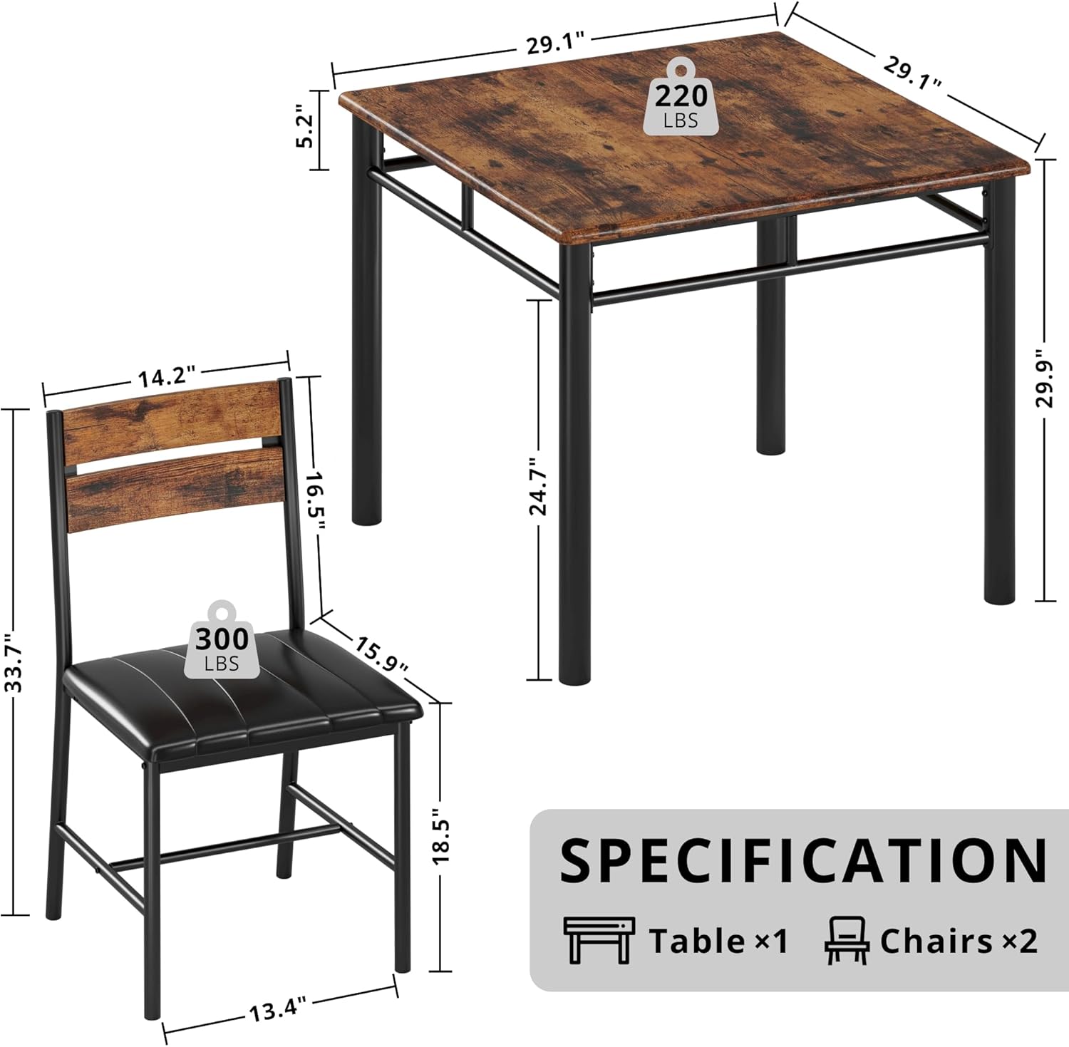 IRONCK Dining Table Set for 2 with Upholstered Chairs, Rustic Brown