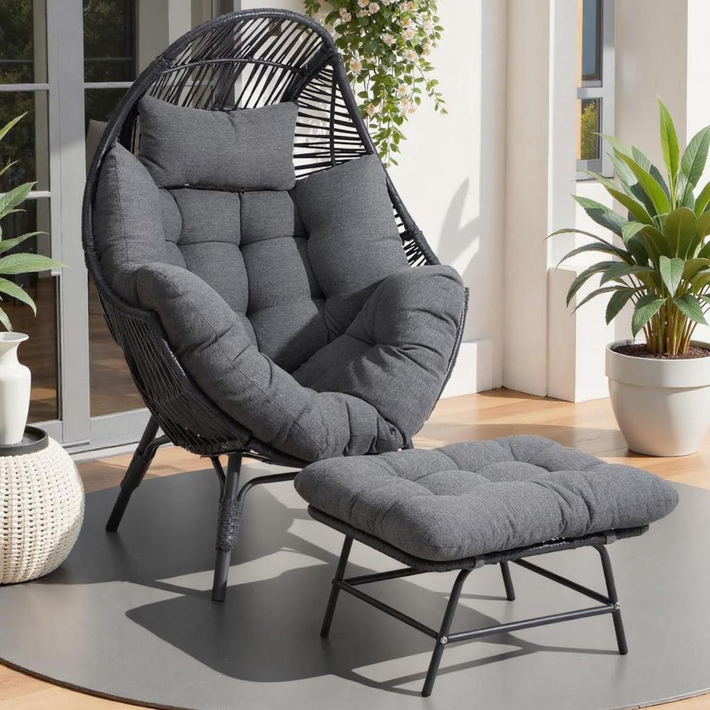 IRONCK Wicker Outdoor Egg Chair with Ottoman, Patio Lounge Chair, Dark Gray