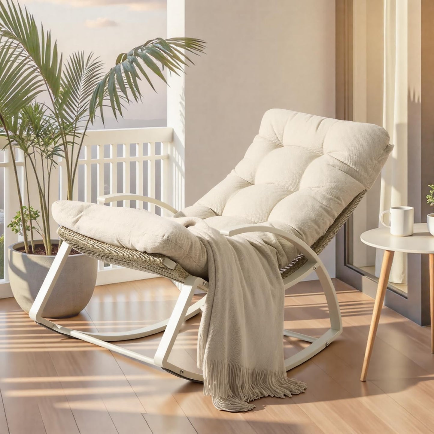 IRONCK Patio Rocking Chair, Outdoor Rocking Chair with Armrest and Cushion, Beige