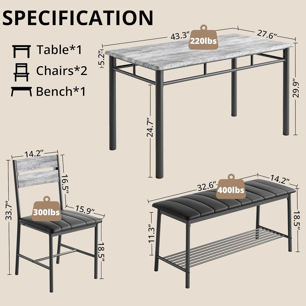IRONCK Dining Table Set for 4, with Upholstered Bench and 2 Chairs