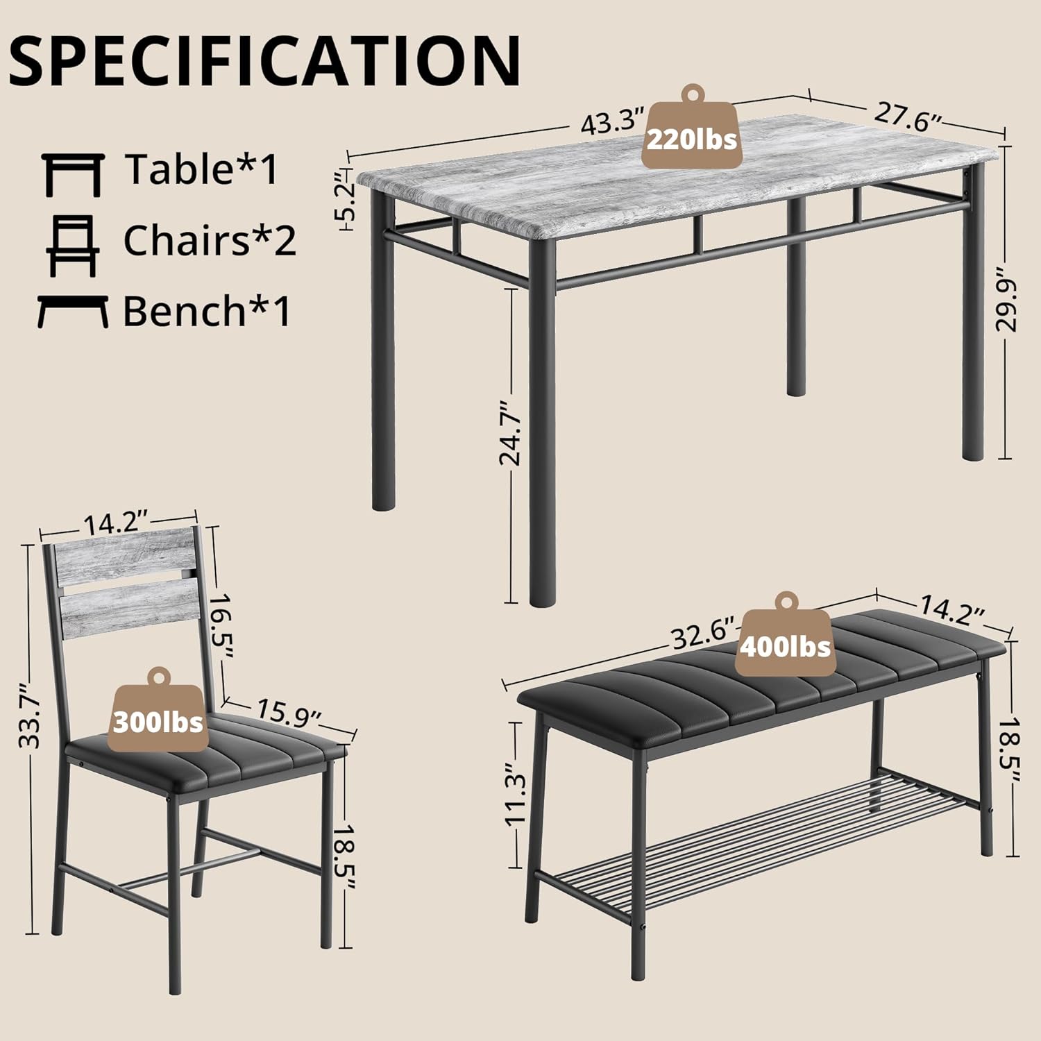 IRONCK Dining Table Set for 4, with Upholstered Bench and 2 Chairs