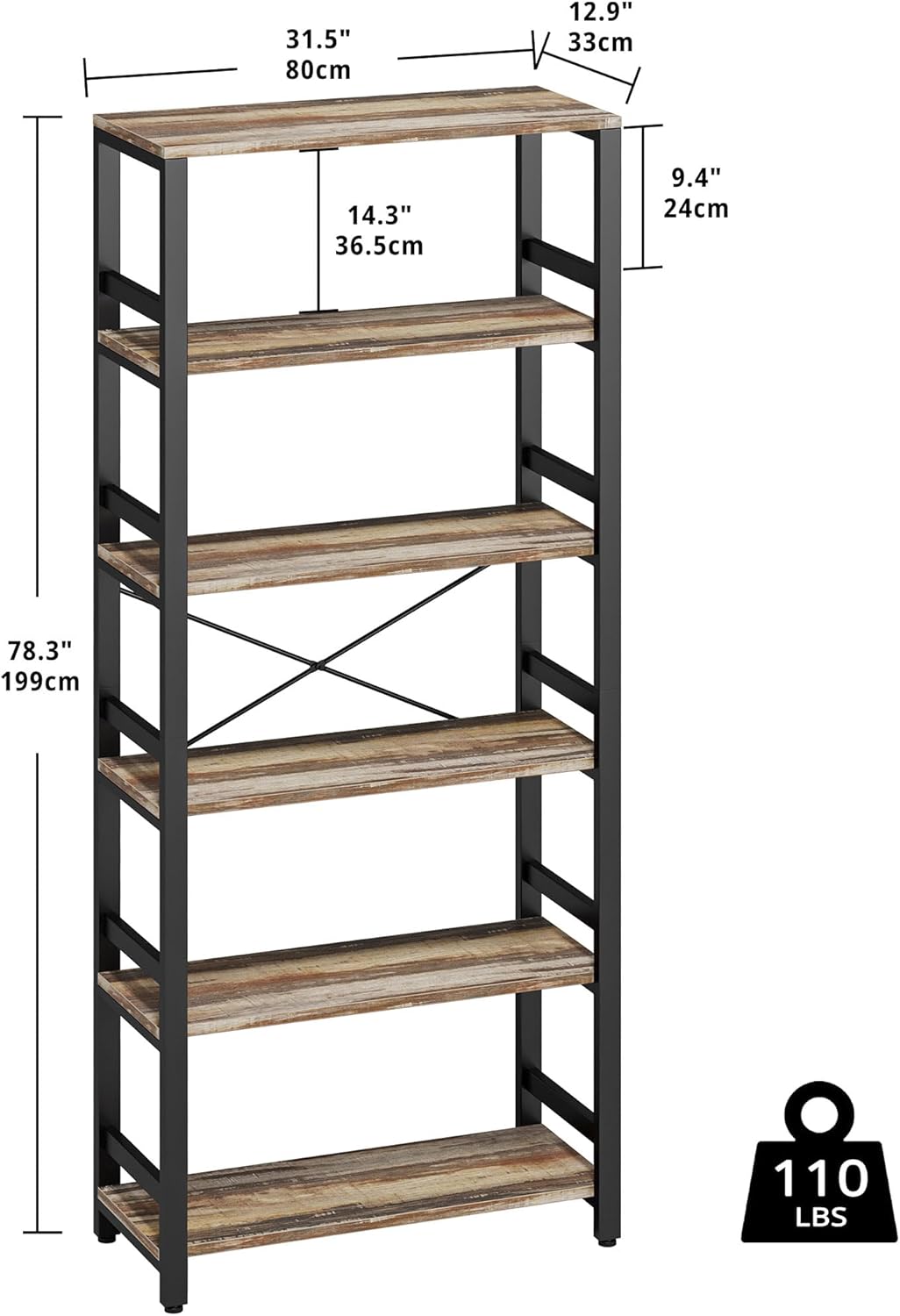 IRONCK Bookshelf, 31.5in Wide Shelf 6 Tier Bookcase,shelf Vintage Industrial Style Bookshelves