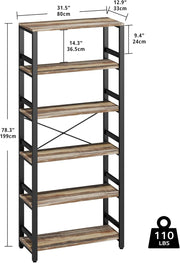 IRONCK Bookshelf, 31.5in Wide Shelf 6 Tier Bookcase,shelf Vintage Industrial Style Bookshelves