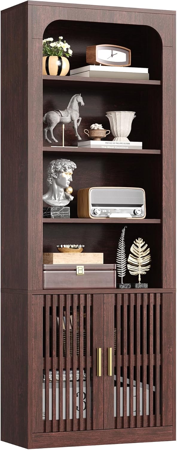 IRONCK Mid-Century Book Shelf, 6-Tier Floor Standing Bookcase with Grille Doors, Tall Storage Shelves for Display & Organizing, Suitable for Home Office, Living Room (White)