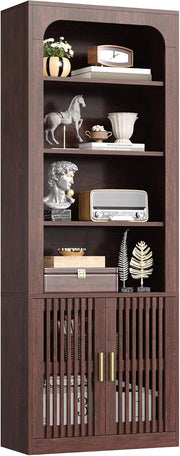 IRONCK Mid-Century Book Shelf, 6-Tier Floor Standing Bookcase with Grille Doors, Tall Storage Shelves for Display & Organizing, Suitable for Home Office, Living Room (White)