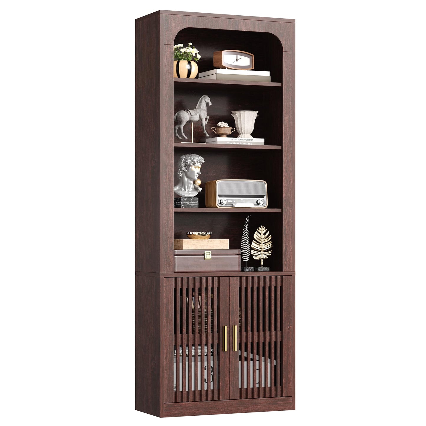 IRONCK Mid-Century Book Shelf, 6-Tier Floor Standing Bookcase with Grille Doors, Tall Storage Shelves for Display & Organizing, Suitable for Home Office, Living Room (White)