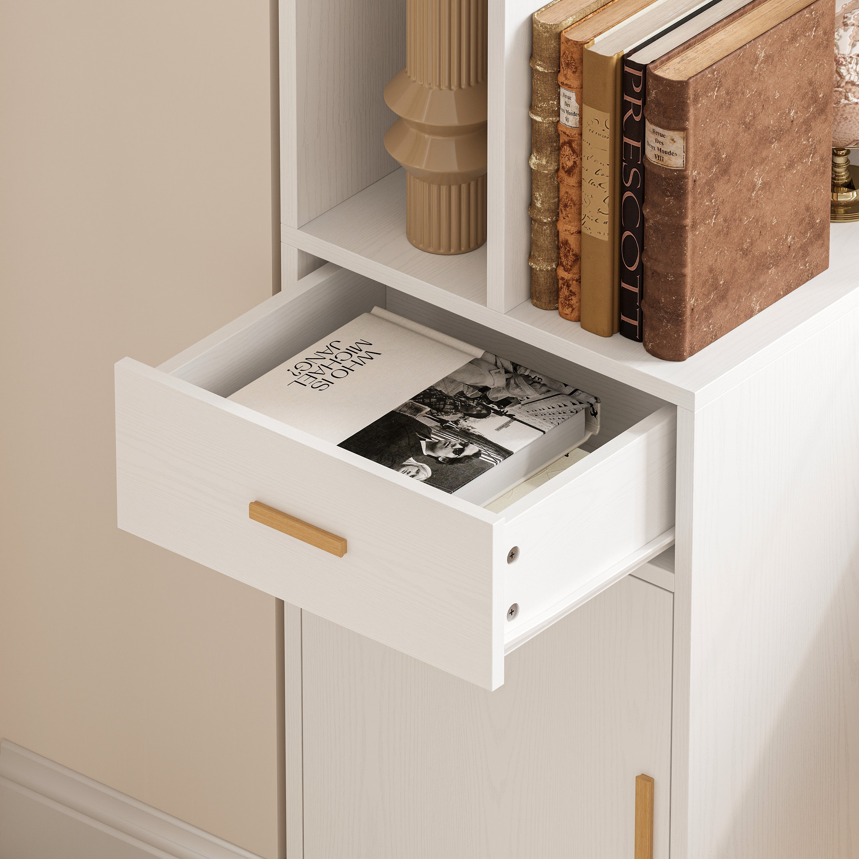IRONCK Corner Bookshelf with Drawer and Storage Cabinet