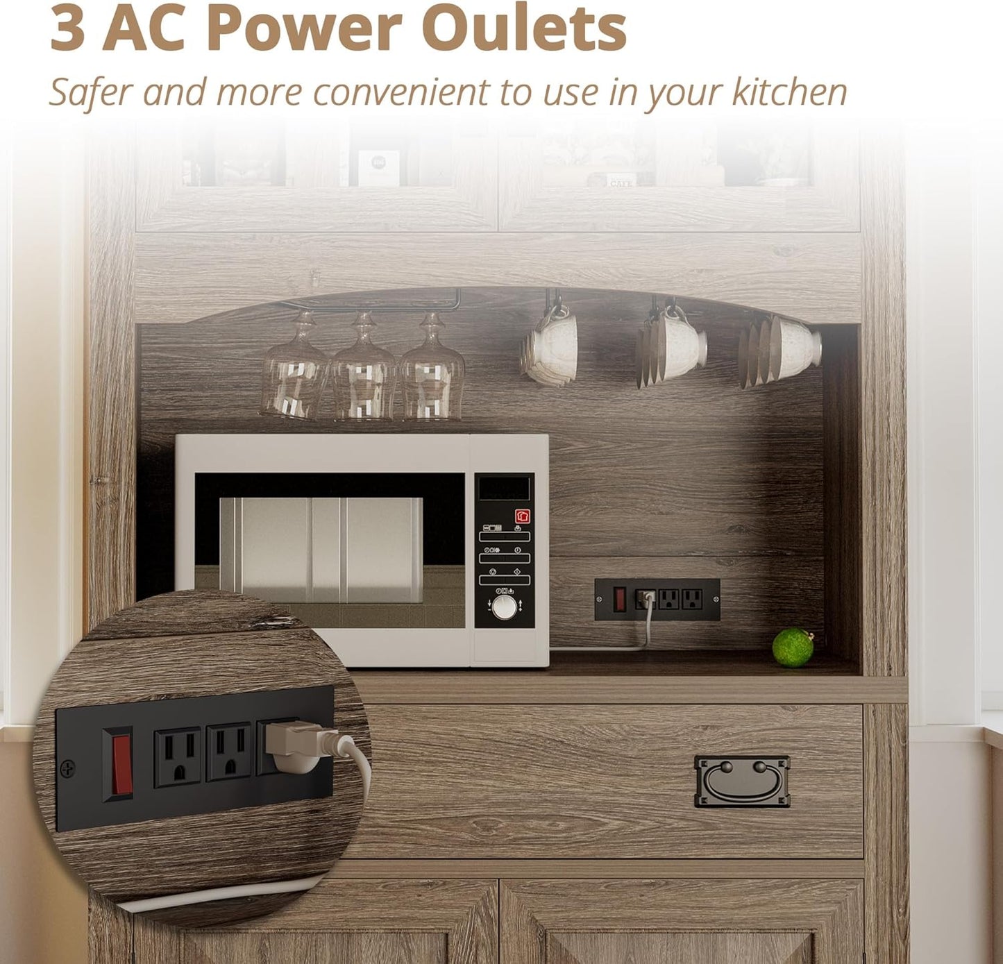 IRONCK Pantry Cabinet with Power Outlets, Kitchen Pantry Storage Cabinet