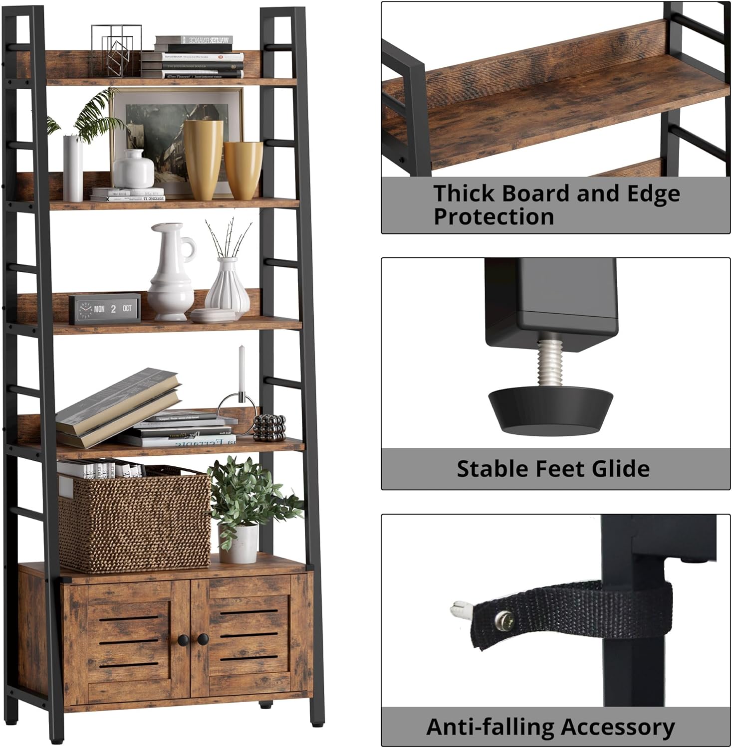 IRONCK 4-Tier Ladder Bookshelf with Louvered Doors, Rustic Brown