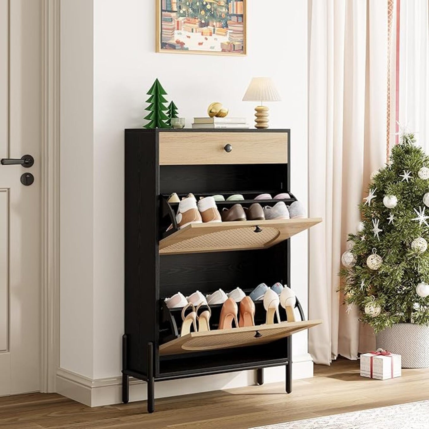 Shoe Organizer Rack with Flip Doors and Drawer