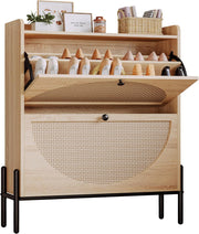 7 Furniture Shoe Cabinet Storage with 2 Flip Drawers, Free Standing Wooden Shoe Storage Organizer Cabinet with Rattan Doors for Entryway, Narrow Shoe Rack Cabinet, Oak