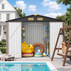 IRONCK Storage Shed, 9.7 x 7.7 FT Tool Shed with Lockable Doors, Brown Galvanized Steel Metal, Breathable Vent, Garden Shed for Yard Bins, Wheelbarrow, Generator