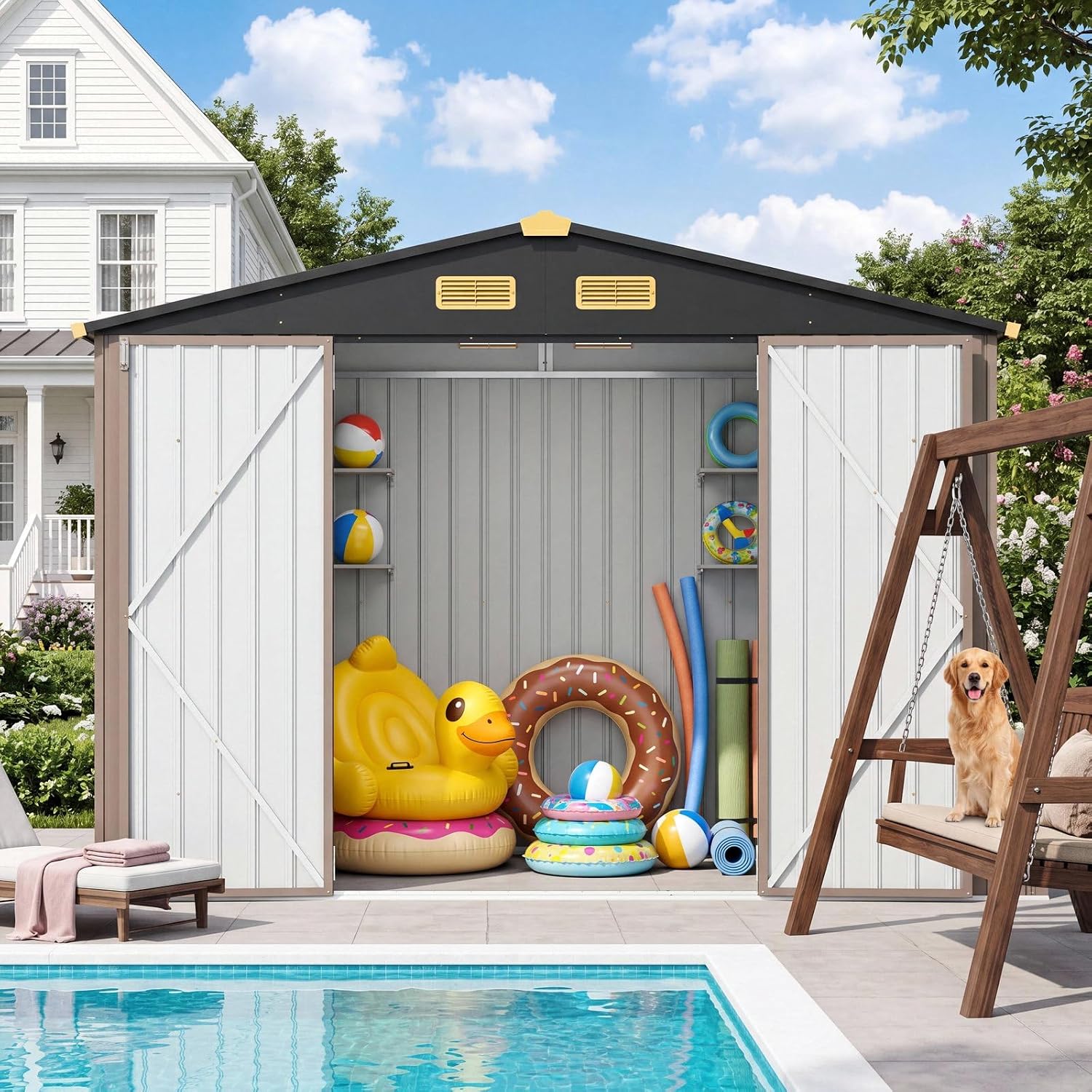 IRONCK Storage Shed, 9.7 x 7.7 FT Tool Shed with Lockable Doors, Brown Galvanized Steel Metal, Breathable Vent, Garden Shed for Yard Bins, Wheelbarrow, Generator