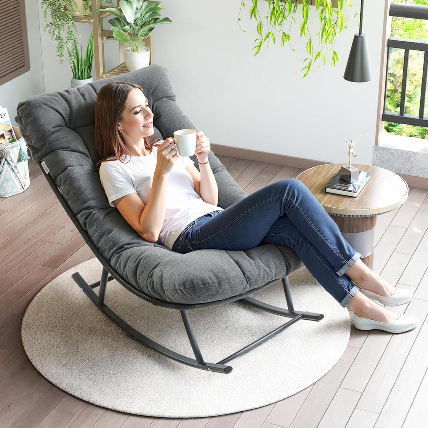 IRONCK Outdoor Rocking Chair, Patio Papasan Rocking Chair with Cushion, Gray