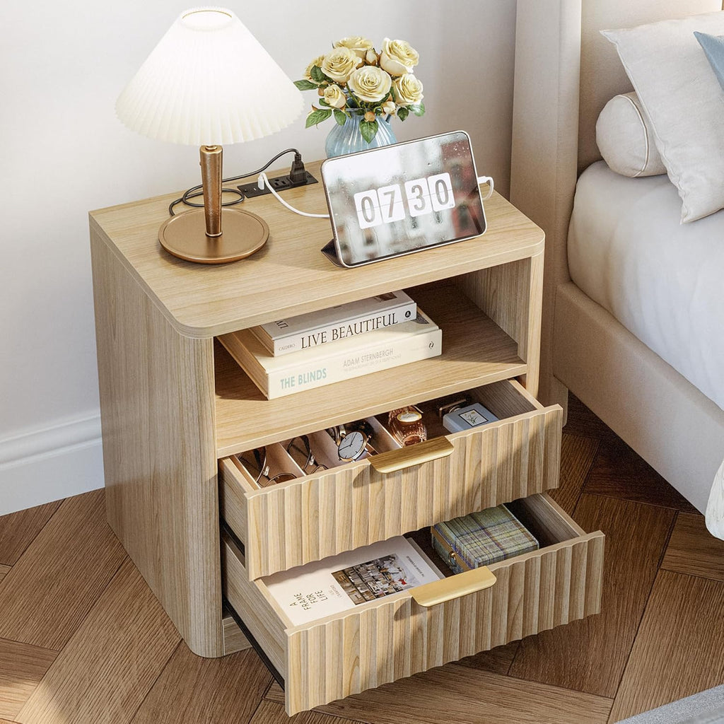 IRONCK Fluted Night Stand Set of 2, with Charging Station, Drawers and Open Shelves, Oak