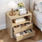 IRONCK Fluted Night Stand Set of 2, with Charging Station, Drawers and Open Shelves, Oak