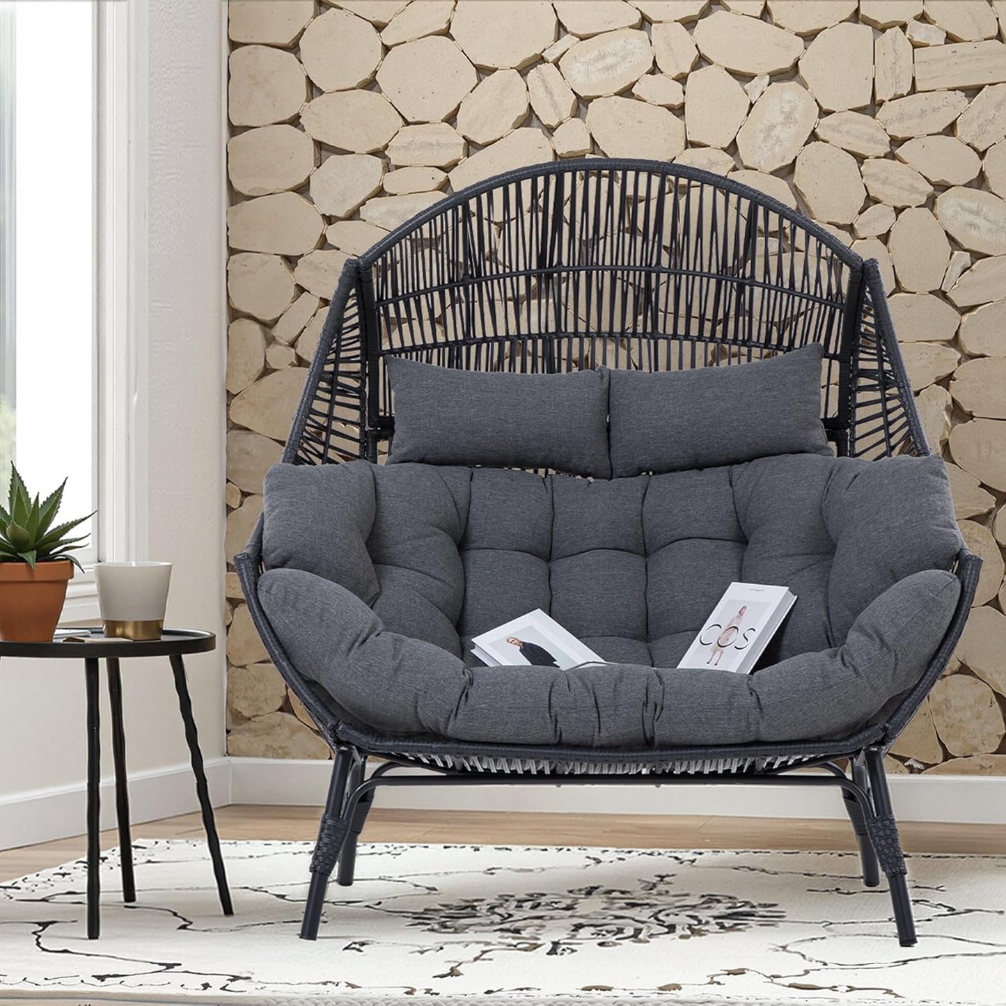 IRONCK Double Egg Chair Outdoor, 2 Person Wicker Lounge Chair, Dark Grey