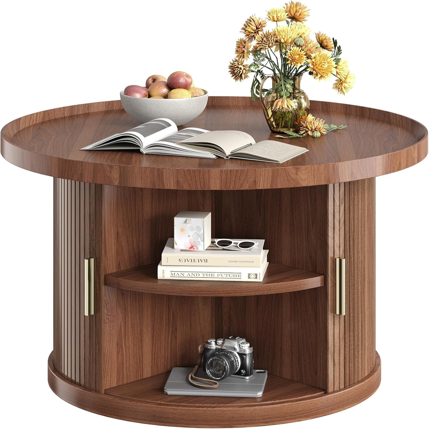 IRONCK 31.5" Round Coffee Table with Storage & Sliding Tambour Door