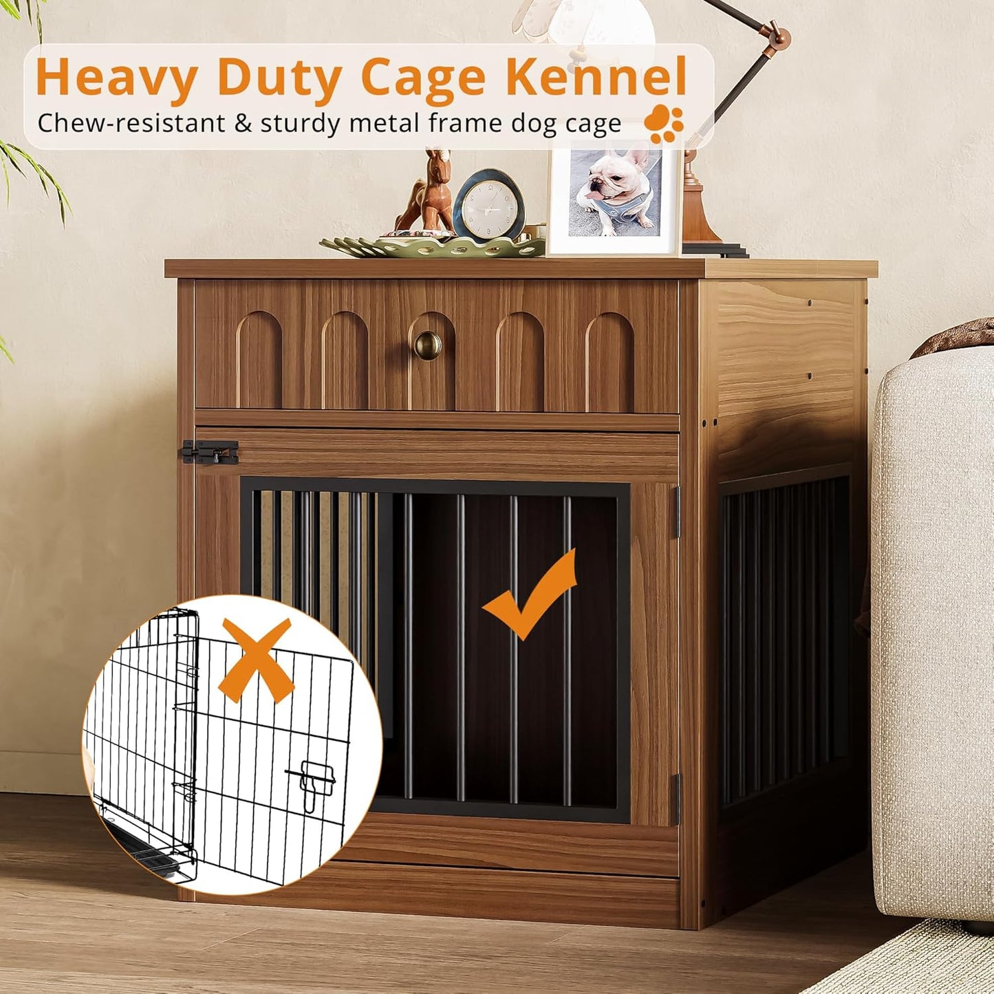 IRONCK Dog Crate Furniture, Wooden Dog Crate with Drawer and Flip-Top Storage, Walnut