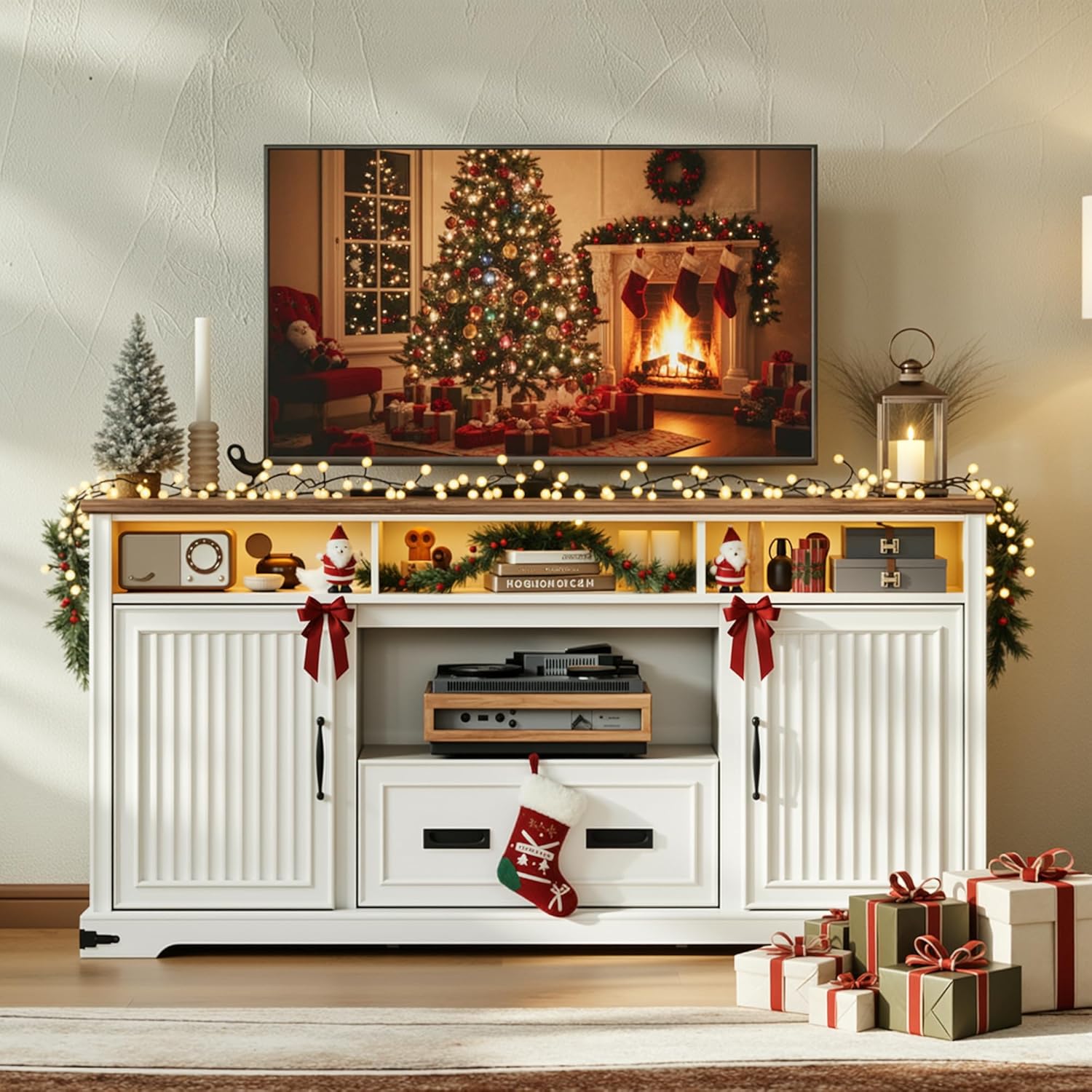 IRONCK TV Stand for 75+ Inch TV, Entertainment Center with Sliding Doors and Storage, White