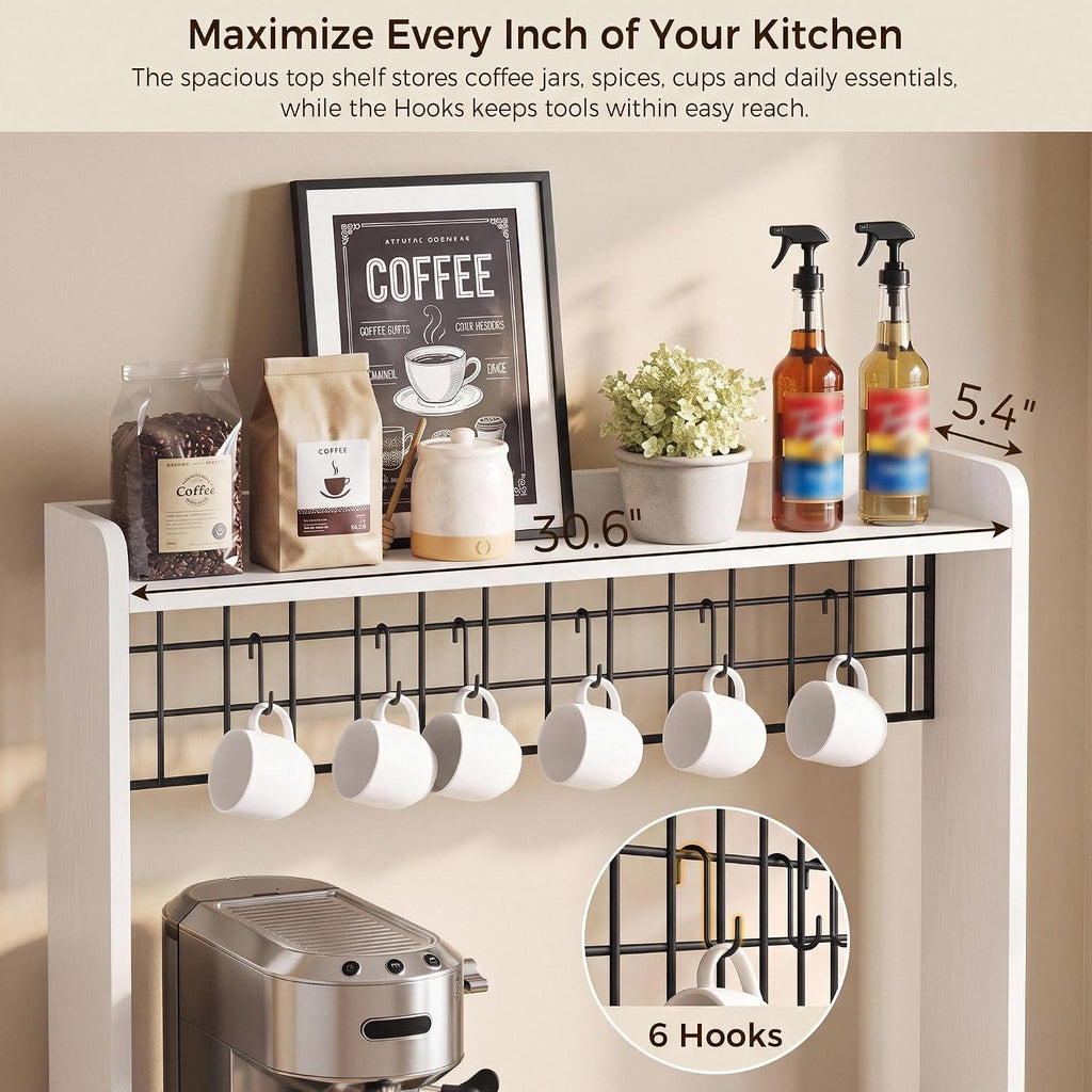IRONCK Bakers Rack with Pull-Out Shelf and Power Outlet, White | Microwave Stand with Storage, Coffee Bar Cabinet with Adjustable Shelves, Barn Door Pantry Cabinet for Kitchen Dining Room