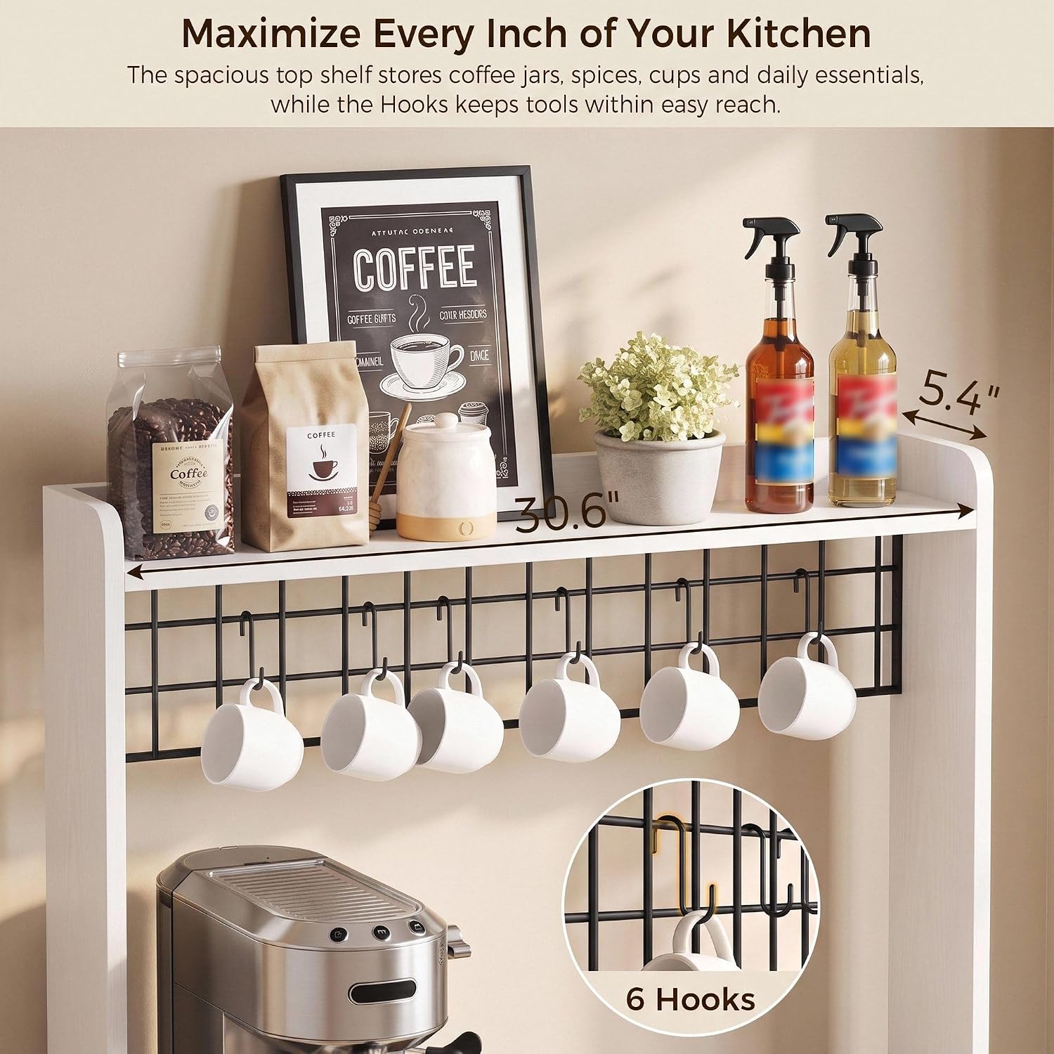 IRONCK Bakers Rack with Pull-Out Shelf and Power Outlet, White | Microwave Stand with Storage, Coffee Bar Cabinet with Adjustable Shelves, Barn Door Pantry Cabinet for Kitchen Dining Room