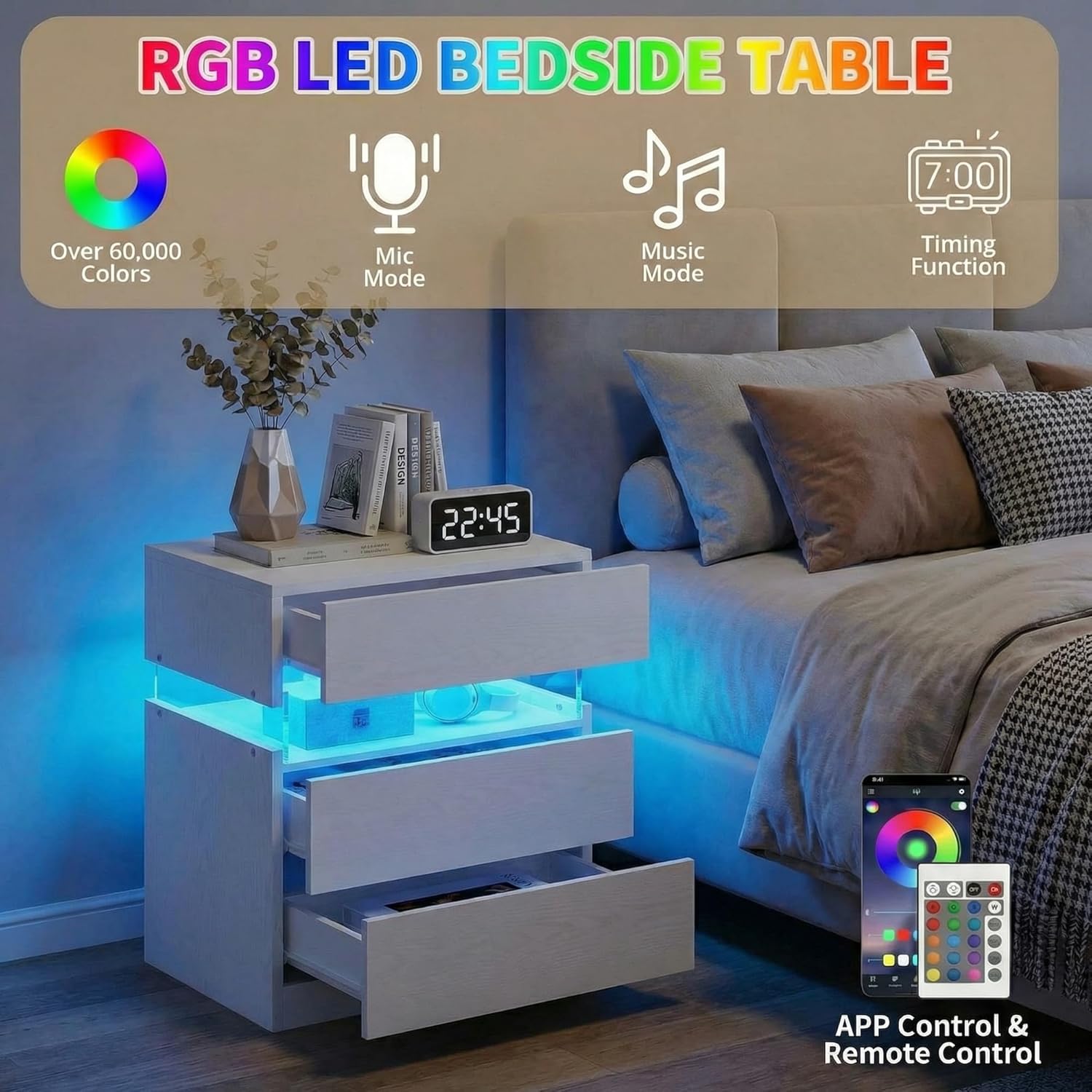 IRONCK Nightstand, with 3 Drawers,  with LED Light  for Bedroom, White