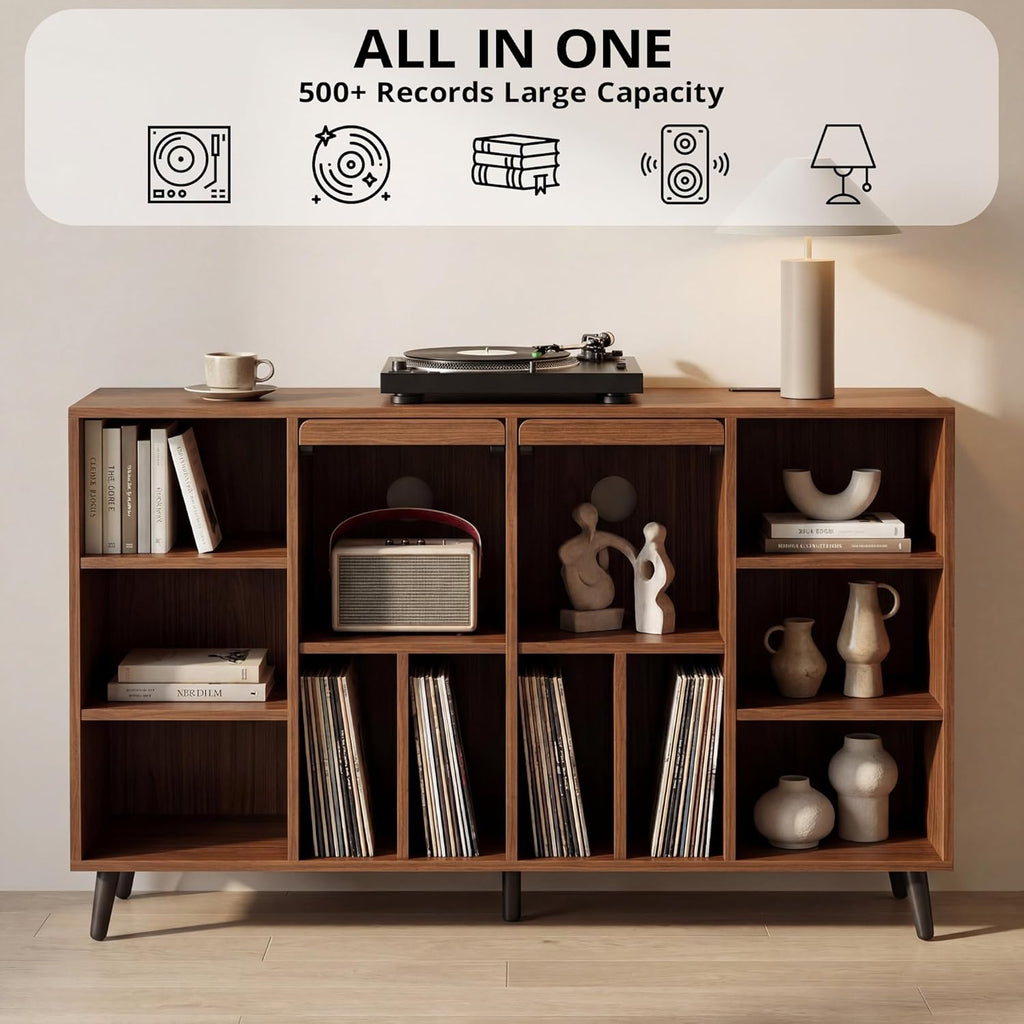 IRONCK Large Record Player Stand 55" with Charging Station, Brown