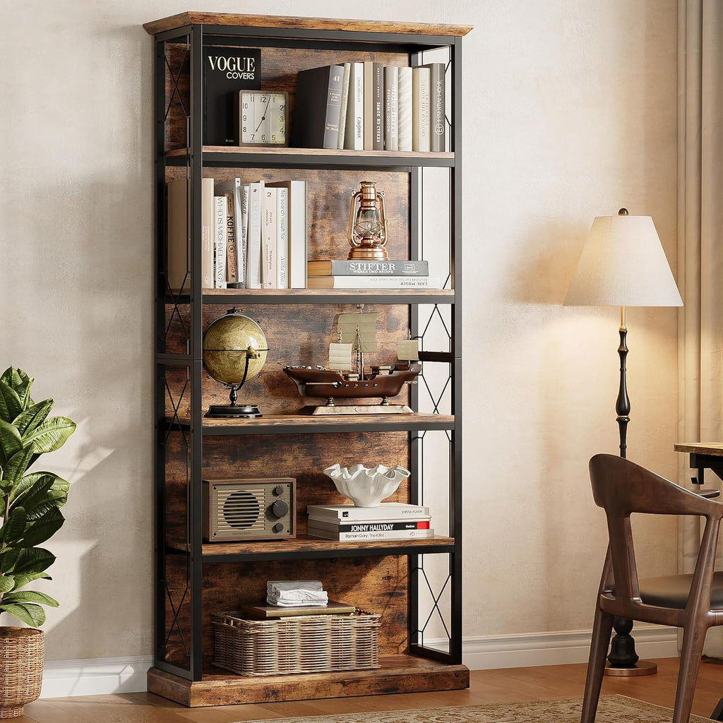 IRONCK 71 Inch5 Tier Industrial  Wood Freestanding BookShelf, Rustic Brown
