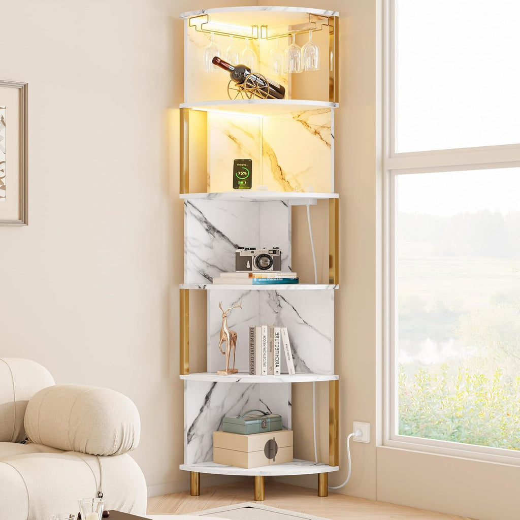 IRONCK Corner Bar Cabinet with LED Lights & Power Outlets, 5-Tier Corner Shelf with Glass Holder, Wine Bar Cabinet Liquor Cabinet for Living Room, Dining Room, Kitchen, Black & Gold