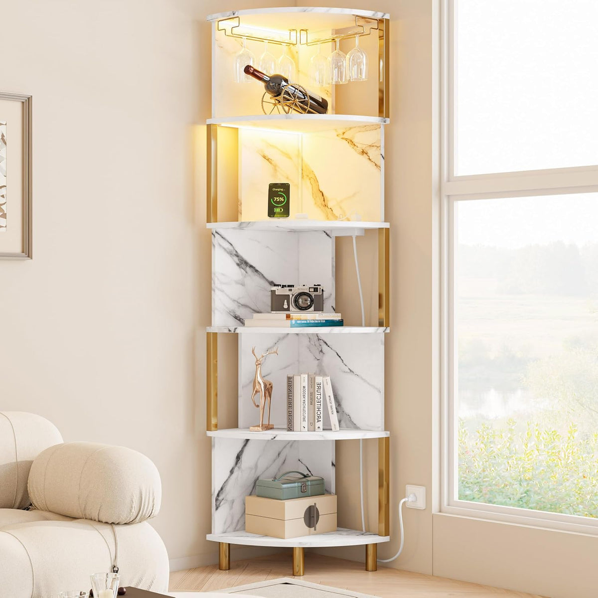 IRONCK Corner Bar Cabinet with LED Lights & Power Outlets, 5-Tier Corner Shelf with Glass Holder, Wine Bar Cabinet Liquor Cabinet for Living Room, Dining Room, Kitchen, Black & Gold