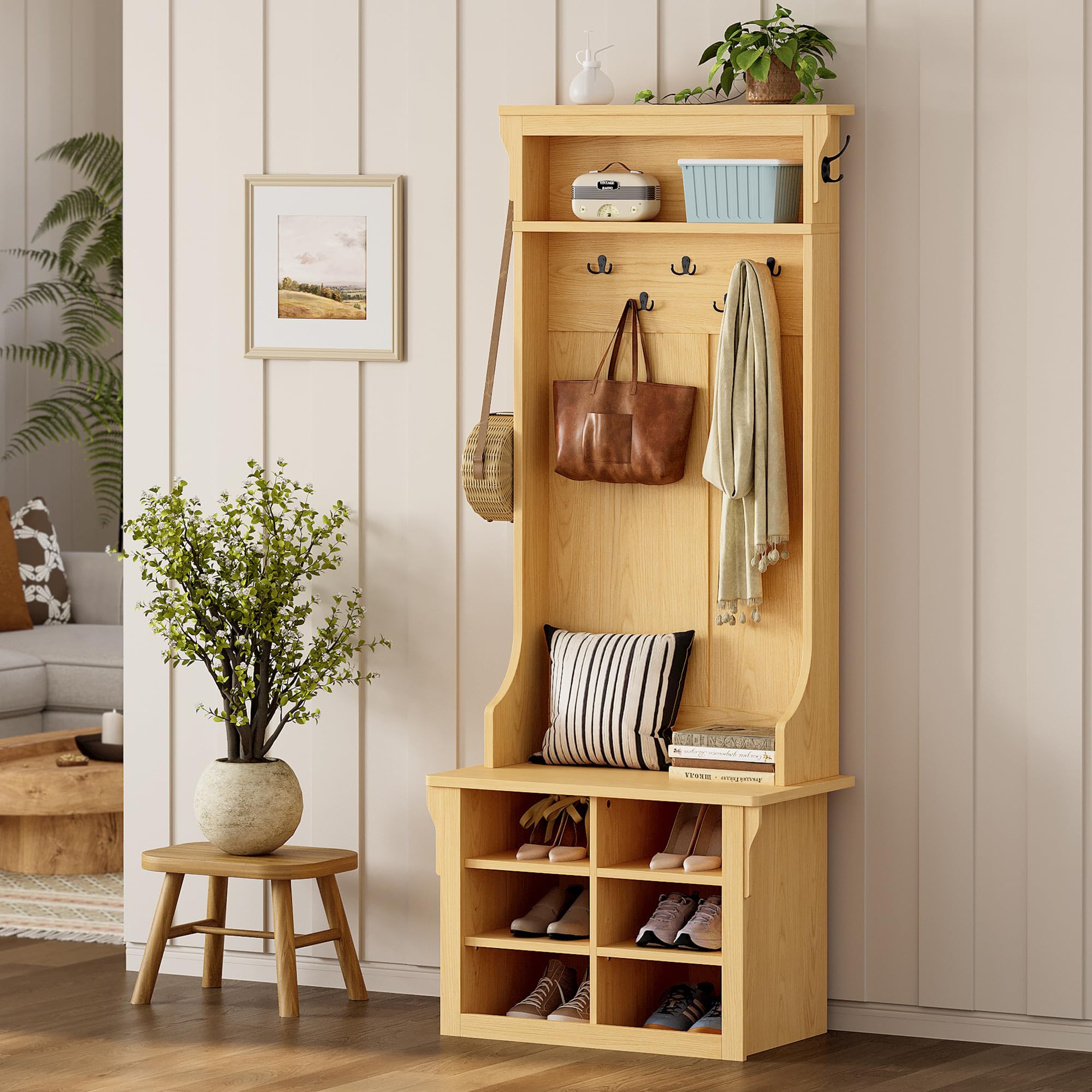 IRONCK Hall Tree with Bench and Shoe Storage, Coat Rack, Adjustable Shelf, Black