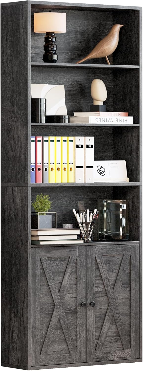 IRONCK Industrial 70 in Bookshelves and Bookcases with Doors Floor Standing 6 Shelf, Charcoal Grey