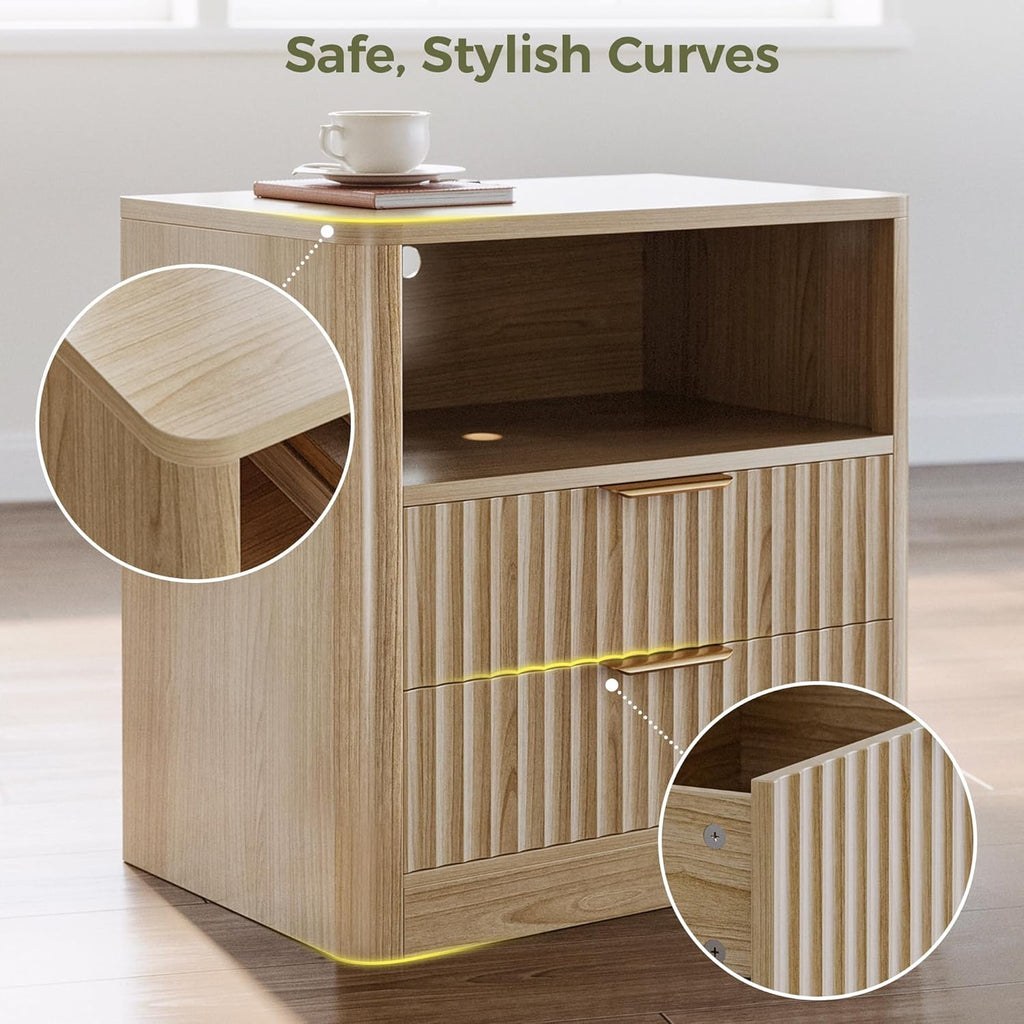 IRONCK Fluted Night Stand Set of 2, with Charging Station, Drawers and Open Shelves, Oak