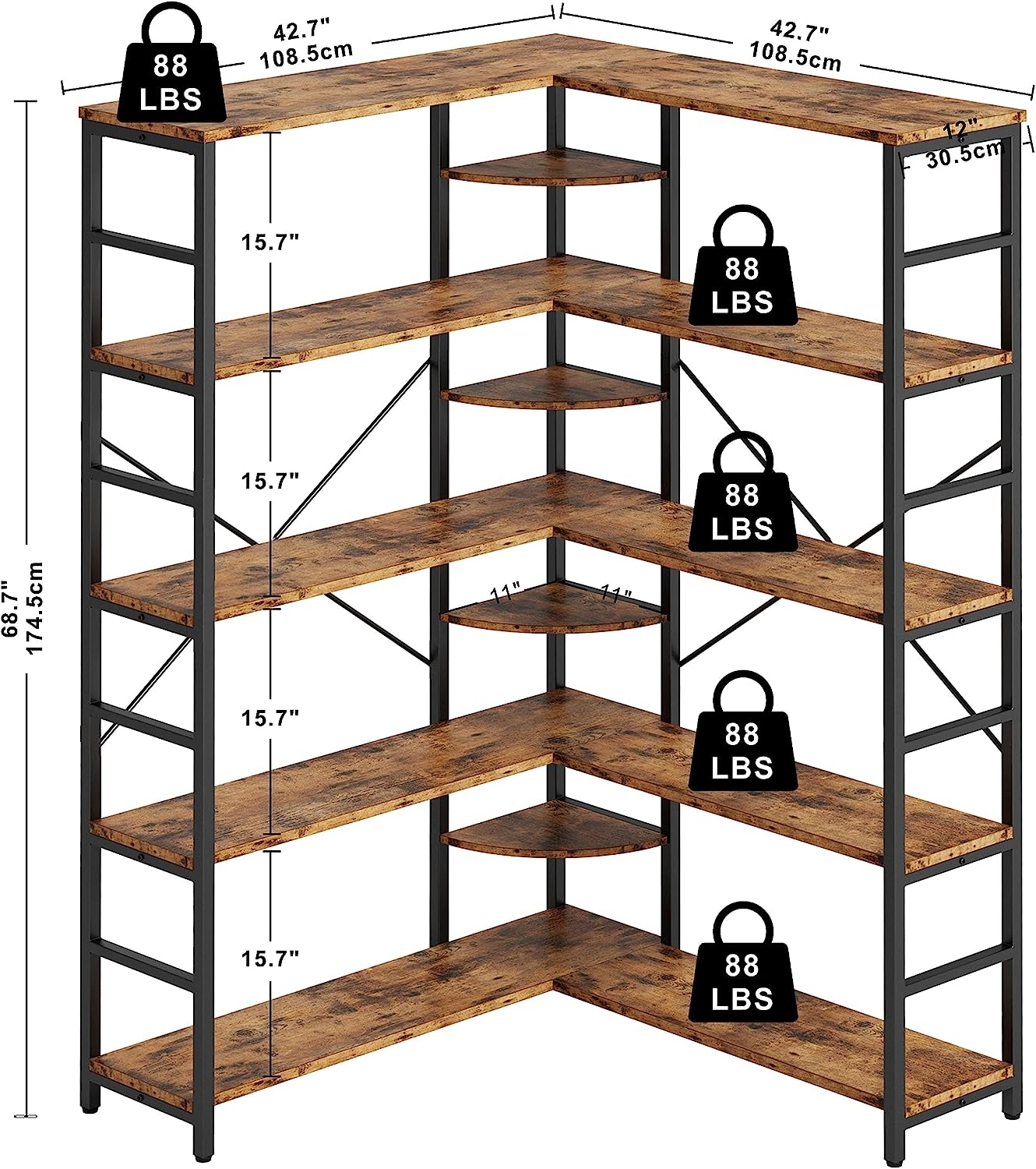 【HOT】5-Tiers Corner Bookcase with Curved Panels