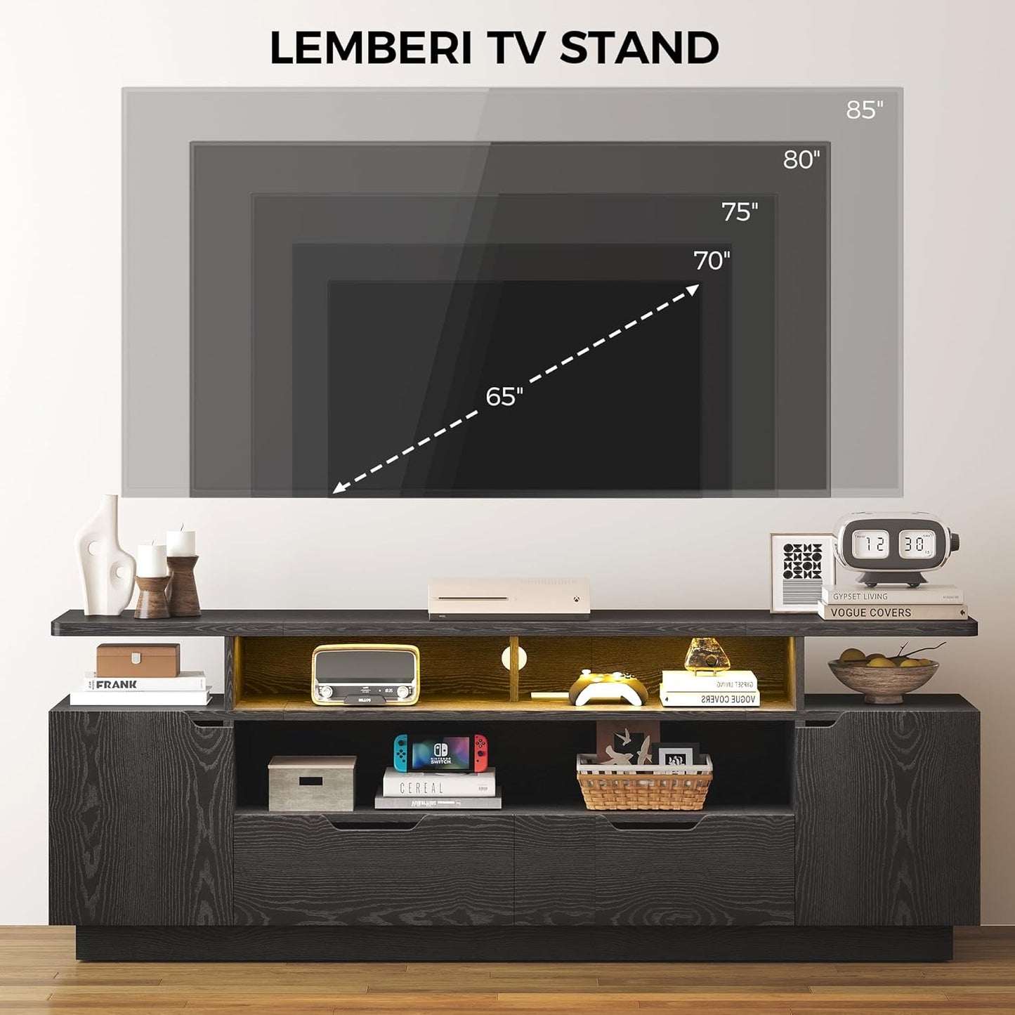 IRONCK TV Stand for TVs 85 inch with Power Outlet and LED Lights, black
